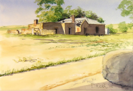 The old Simpson place.  The family left here in the fifties.   I painted this from the shade of the shearing shed, hence the wool bale in the foreground.
